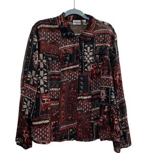 Chico’s Patchwork Print Blouse Size 2 Button Front Boho Lightweight Top